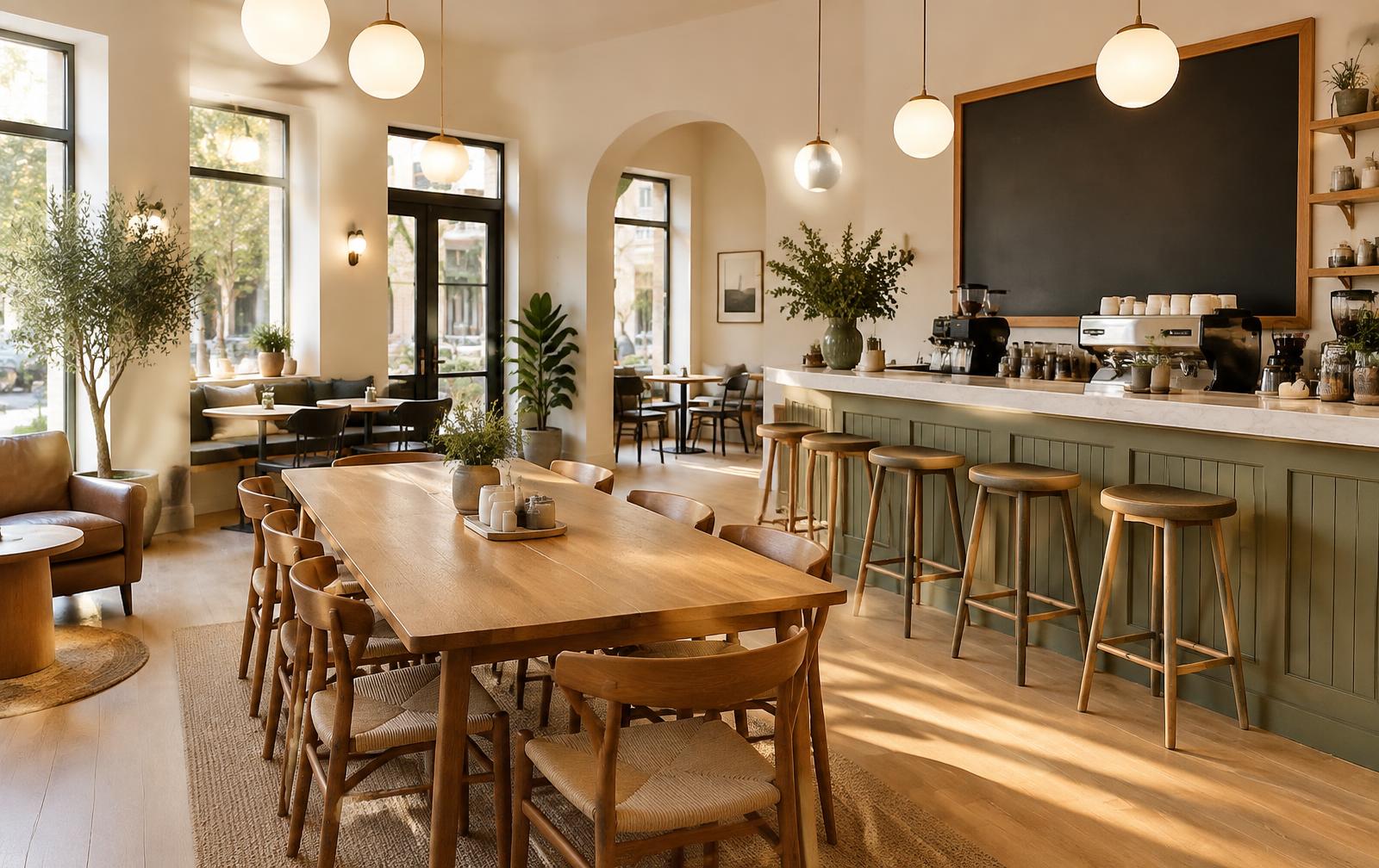 Inside a bright coffee shop with a long wooden table, a coffee bar, and pendant lights